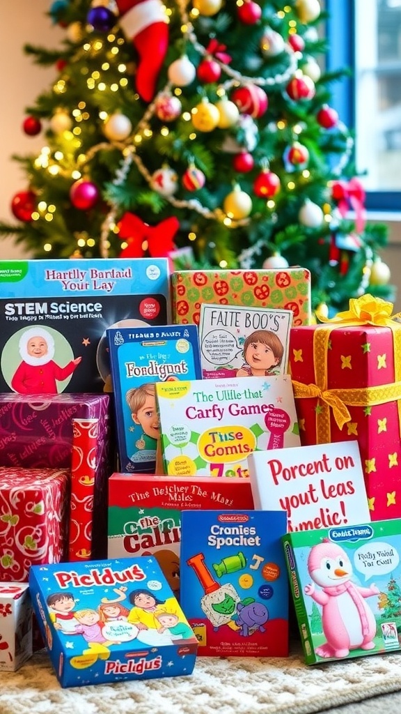 A collection of Christmas gifts for 4th graders, including a science kit, art supplies, books, and games, under a Christmas tree.